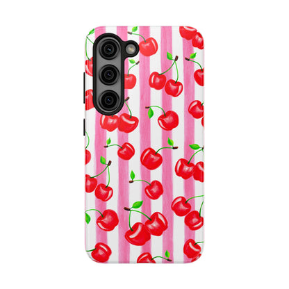 Tossed Red Watercolor Cherries Illustrated Pattern Light Pink Stripes Tough Phone Case | Various Models