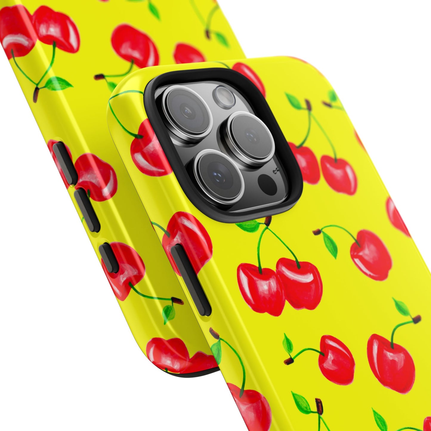 Tossed Red Watercolor Cherries Illustrated Pattern Bright Yellow Tough Phone Case | Various Models