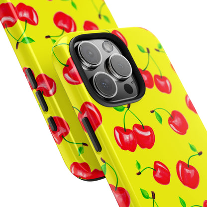 Tossed Red Watercolor Cherries Illustrated Pattern Bright Yellow Tough Phone Case | Various Models