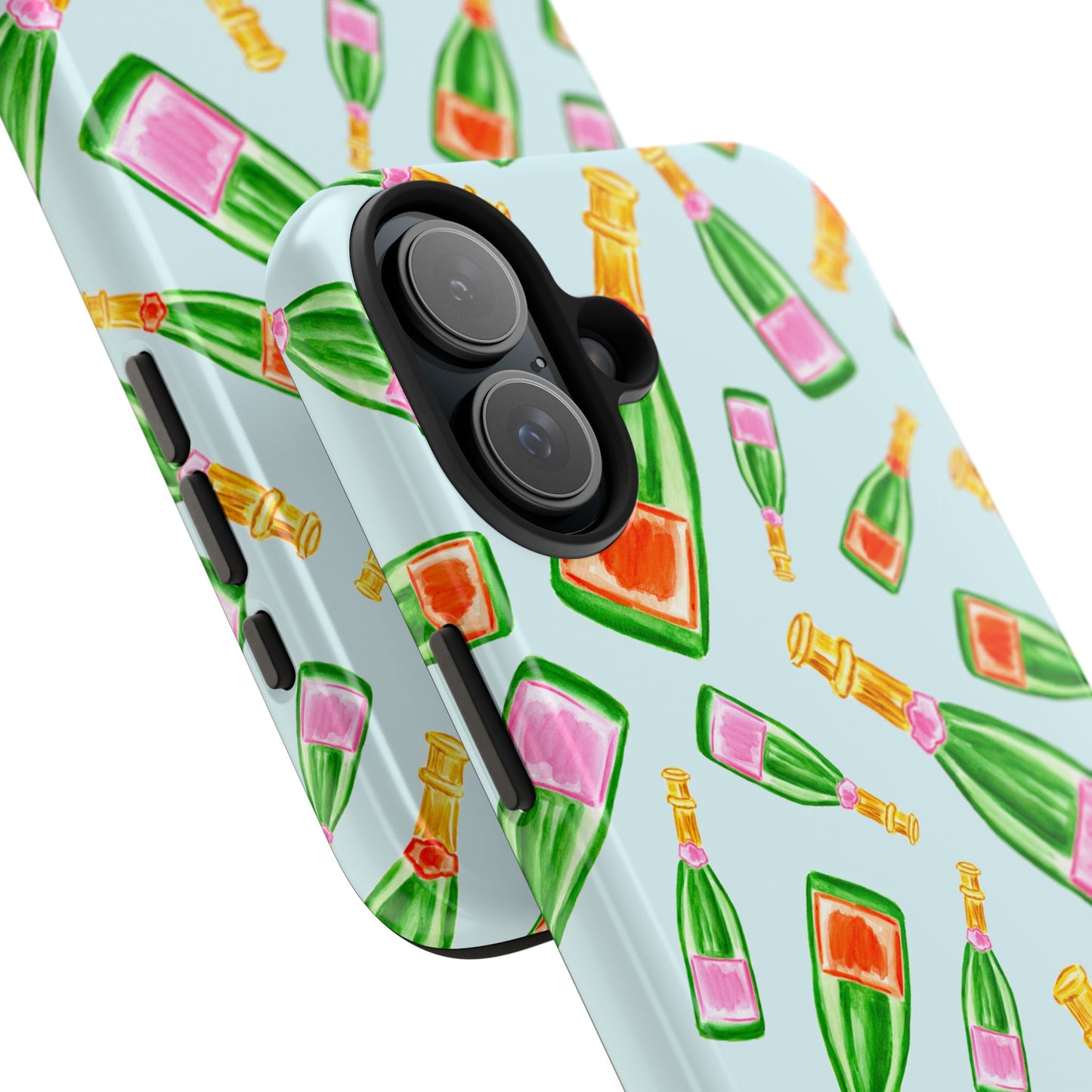Tossed Pink and Green & Orange and Green Watercolor Illustrated Champagne Bottles Pattern Light Blue Tough Phone Case | Various Models