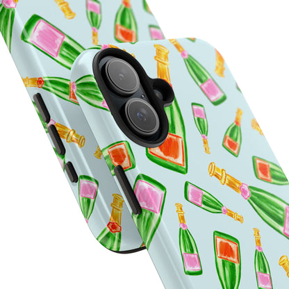 Tossed Pink and Green & Orange and Green Watercolor Illustrated Champagne Bottles Pattern Light Blue Tough Phone Case | Various Models