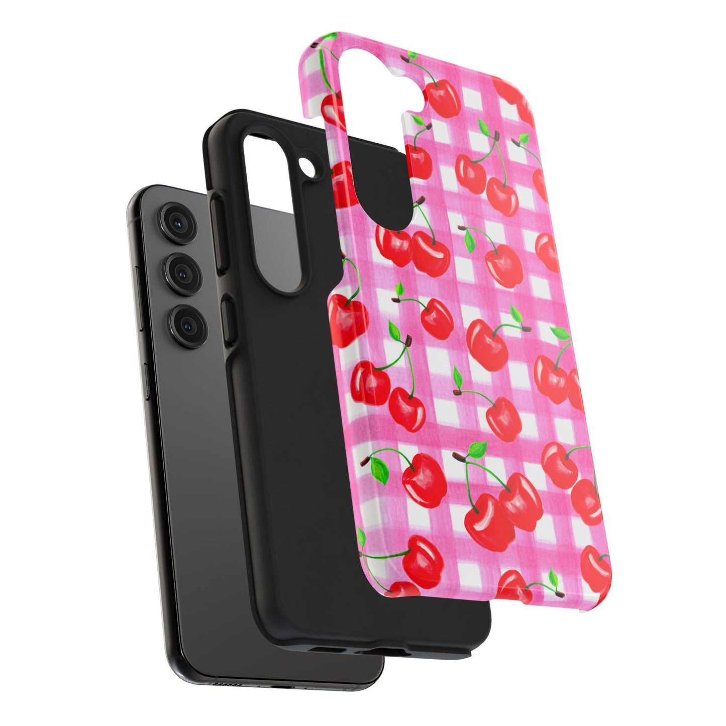 Tossed Red Watercolor Cherries Illustrated Pattern Light Pink Gingham Tough Phone Case | Various Models