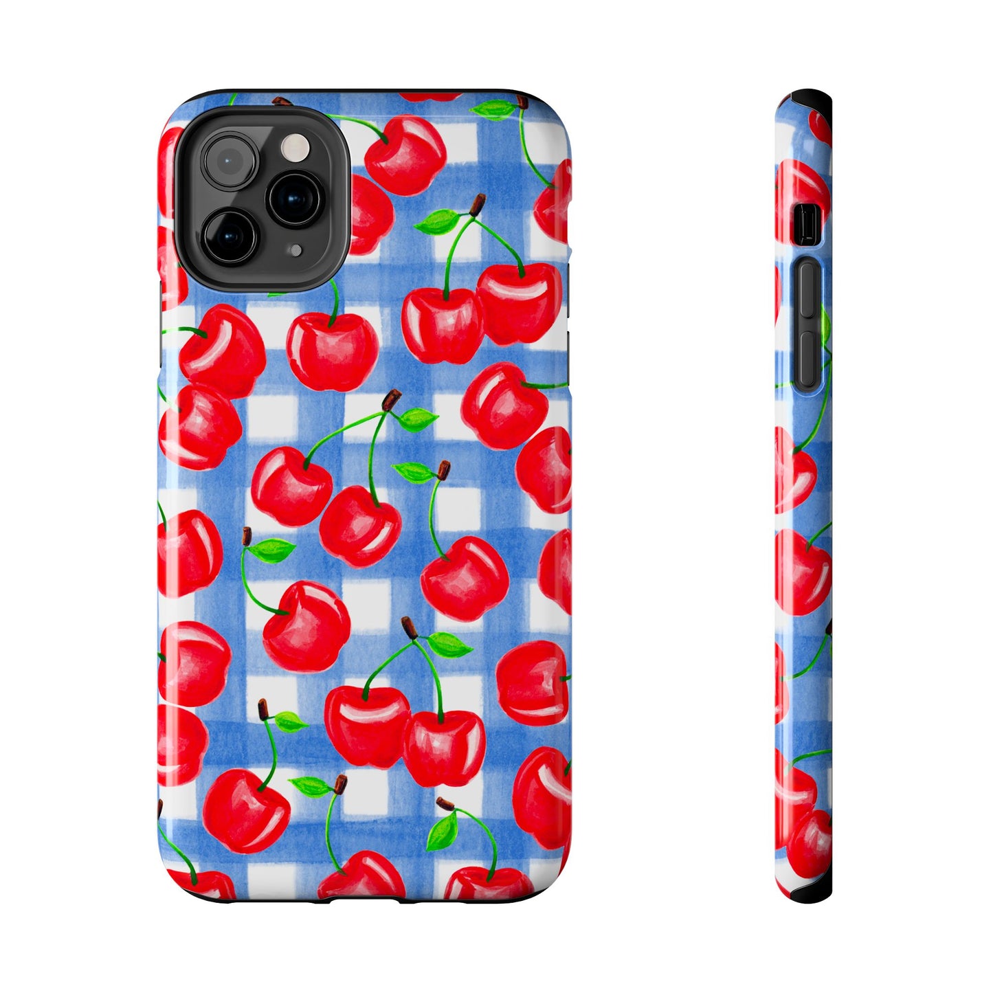 Tossed Red Cherries Blue Gingham Checkered Watercolor Illustrated Tough Phone Case | Various Models