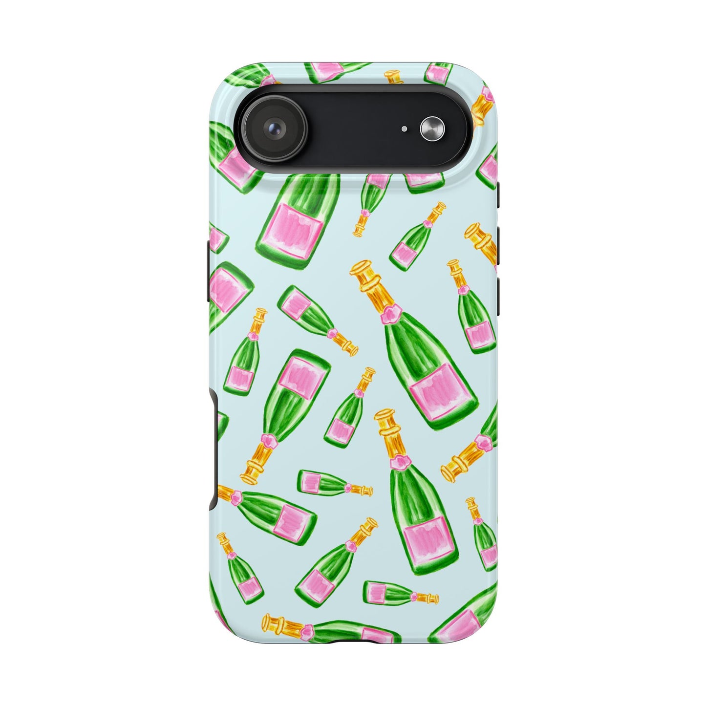 Tossed Pink and Green Watercolor Illustrated Champagne Bottles Pattern Light Blue Tough Phone Case | Various Models