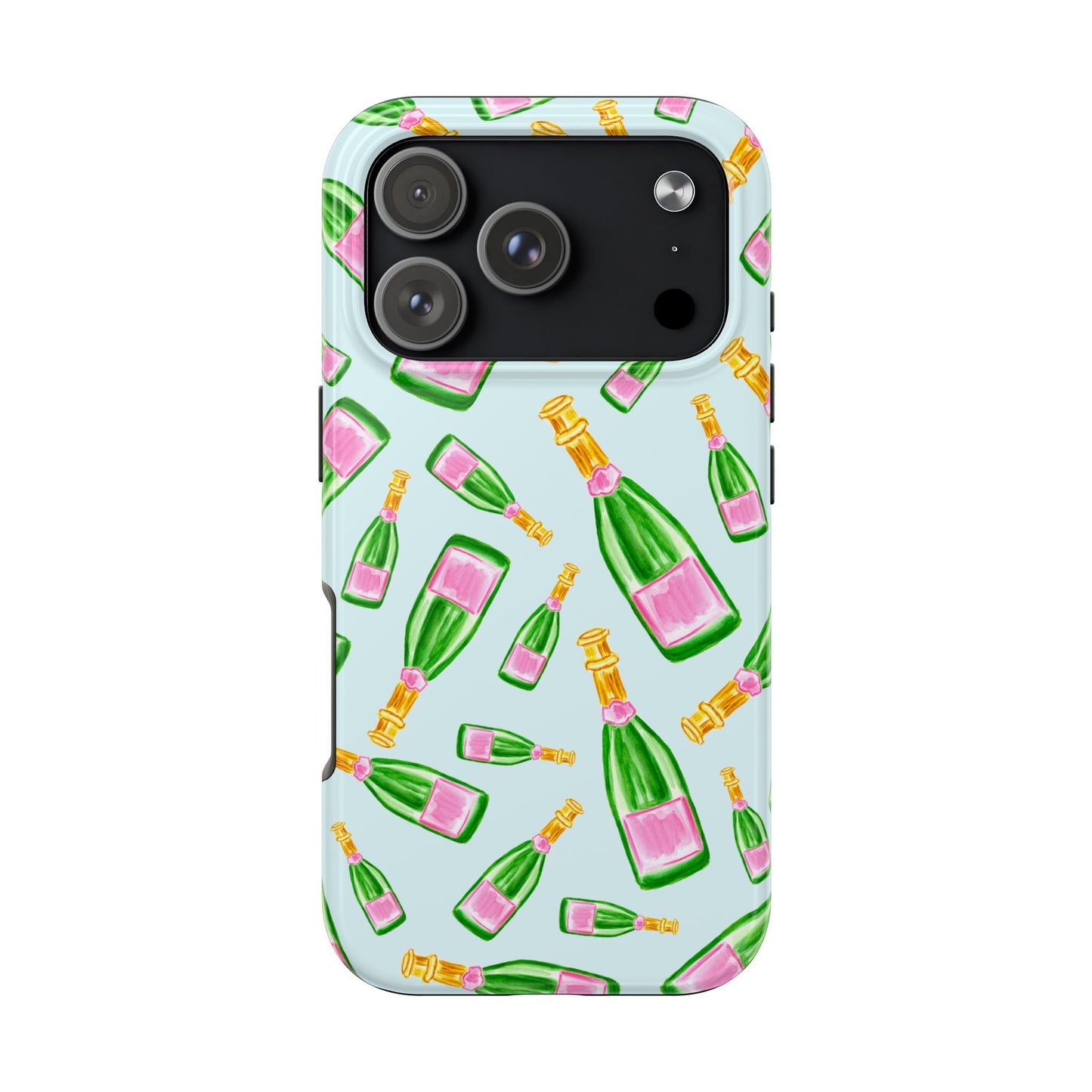 Tossed Pink and Green Watercolor Illustrated Champagne Bottles Pattern Light Blue Tough Phone Case | Various Models