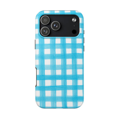 Turquoise Gingham Watercolor Illustrated Tough Phone Case | Various Models Available