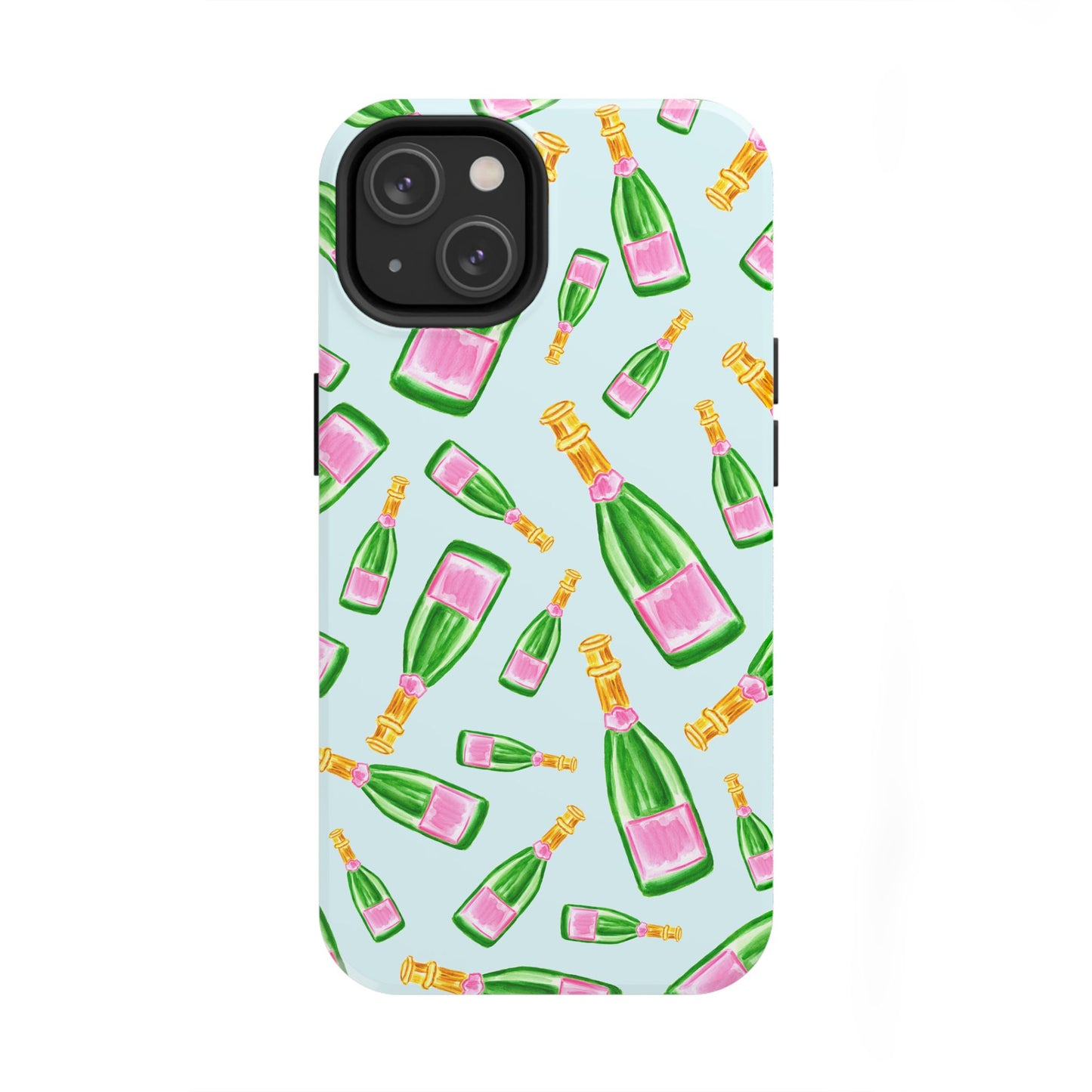 Tossed Pink and Green Watercolor Illustrated Champagne Bottles Pattern Light Blue Tough Phone Case | Various Models
