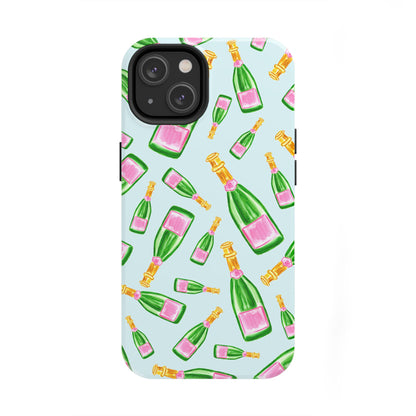 Tossed Pink and Green Watercolor Illustrated Champagne Bottles Pattern Light Blue Tough Phone Case | Various Models