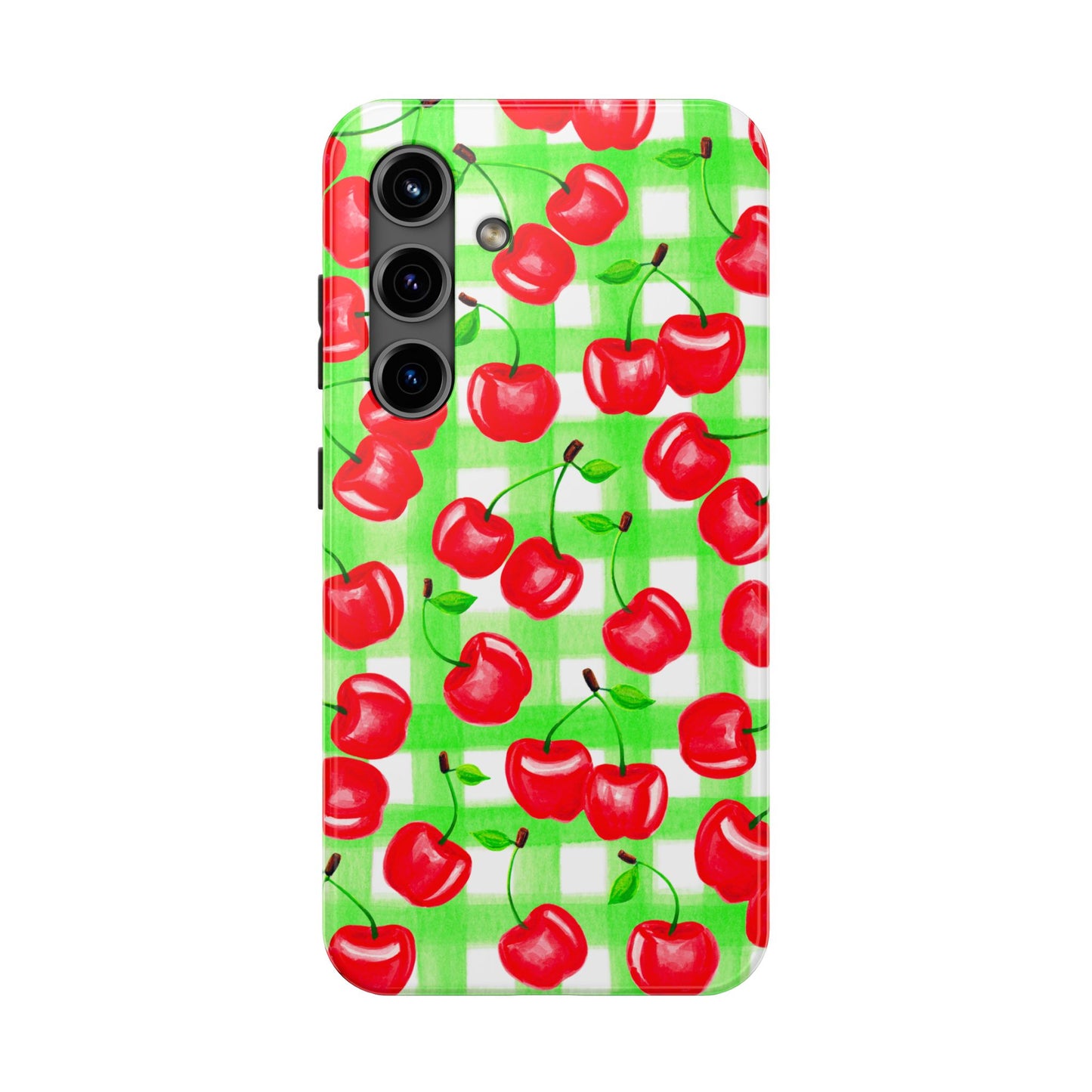 Red Tossed Cherries Green Gingham Watercolor Illustrated Tough Phone Case | Various Models Available