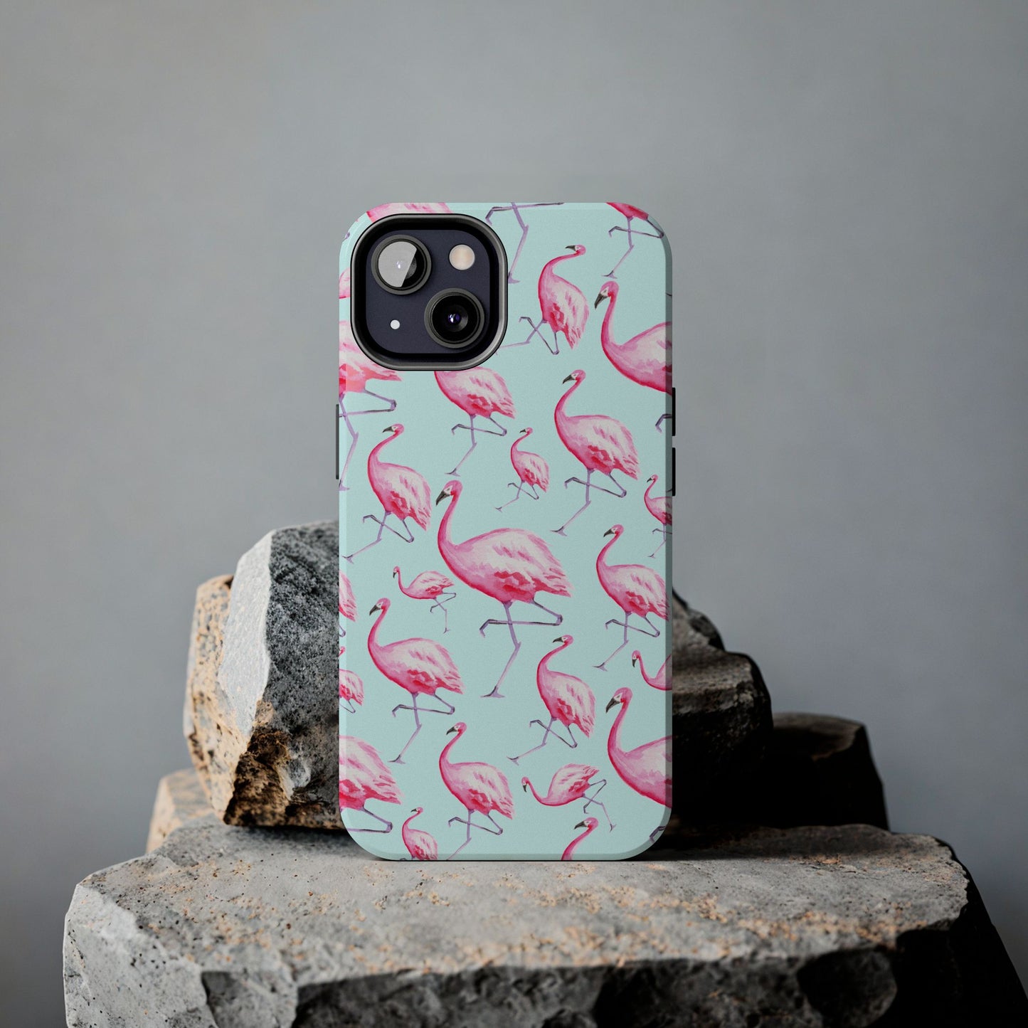 Pink Flamingos Watercolor Illustrated Tossed Pattern Blue Phone Case | Various Models