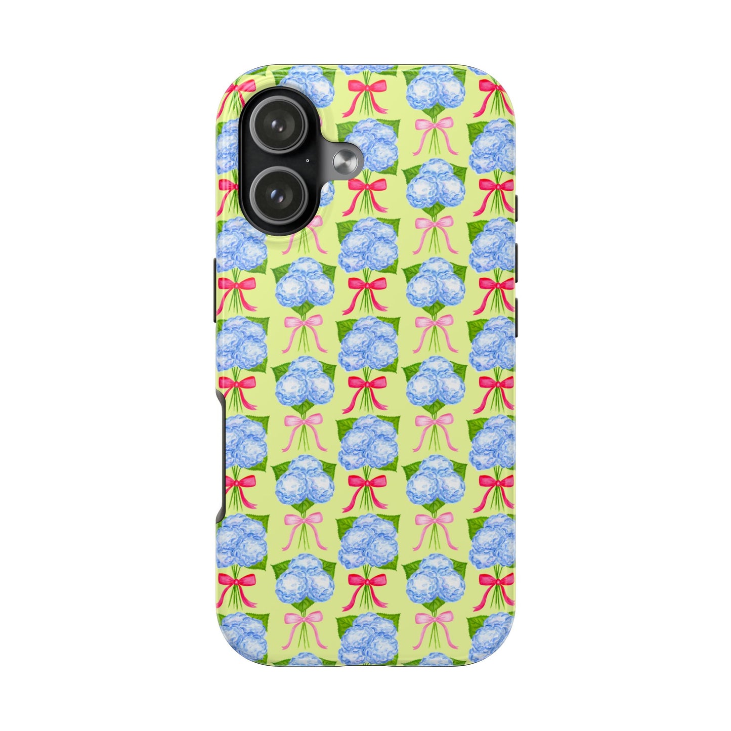 Watercolor Blue Hydrangea Bouquets with Hot Pink and Light Pink Bow Ribbons Illustrated Pattern Yellow Tough Phone Case | Various Models