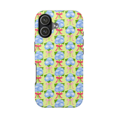 Watercolor Blue Hydrangea Bouquets with Hot Pink and Light Pink Bow Ribbons Illustrated Pattern Yellow Tough Phone Case | Various Models