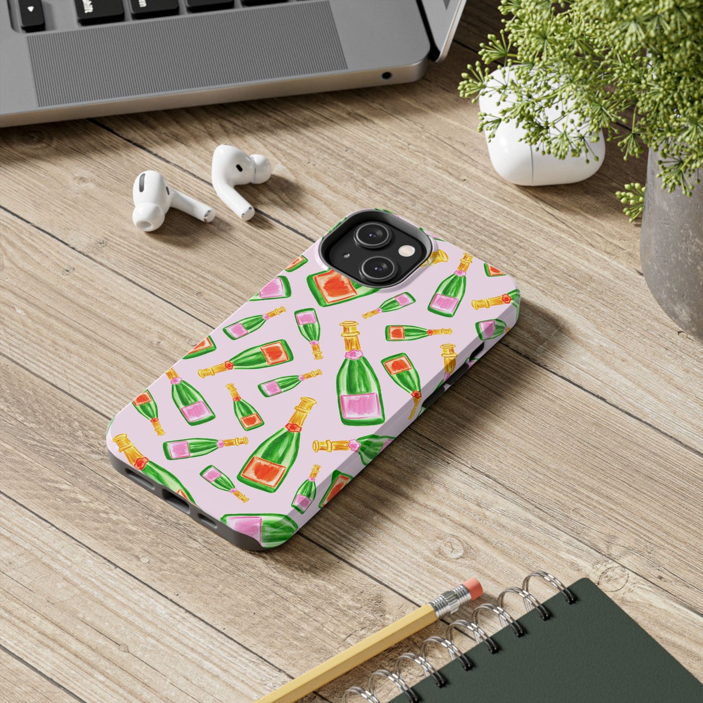 Tossed Pink and Green & Orange and Green Watercolor Illustrated Champagne Bottles Pattern Blush Pink Tough Phone Case | Various Models