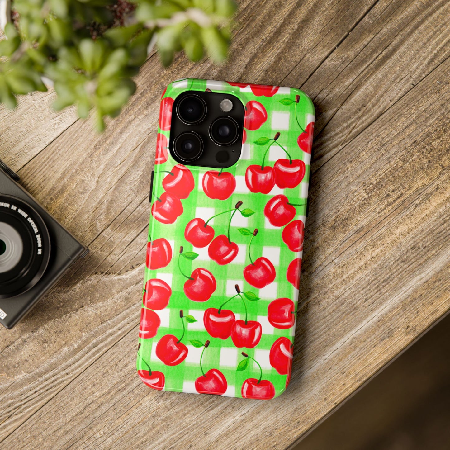 Red Tossed Cherries Green Gingham Watercolor Illustrated Tough Phone Case | Various Models Available