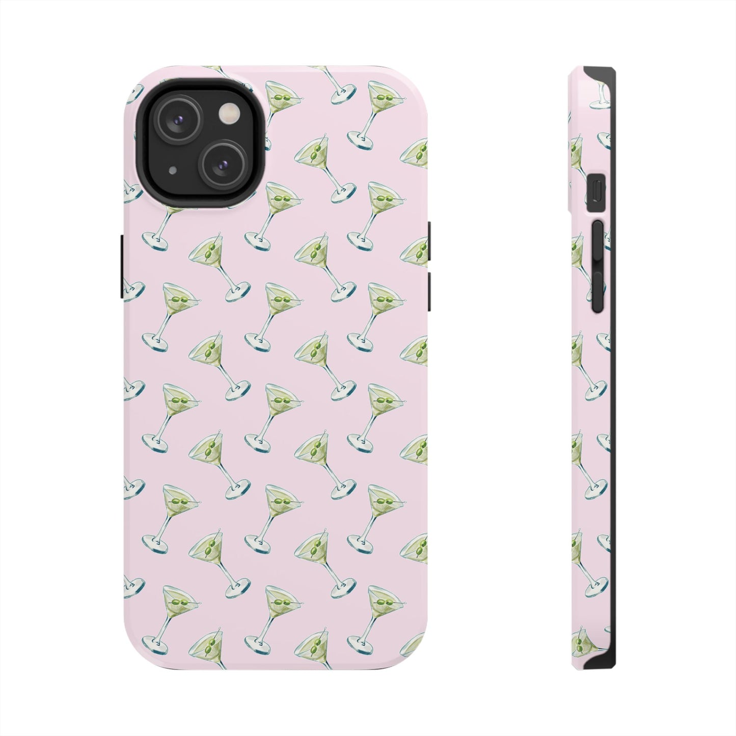 Light Pink Mini Martini Watercolor Illustrated Tossed Pattern Tough Phone Case | Various Models Available iPhone 14 Plus