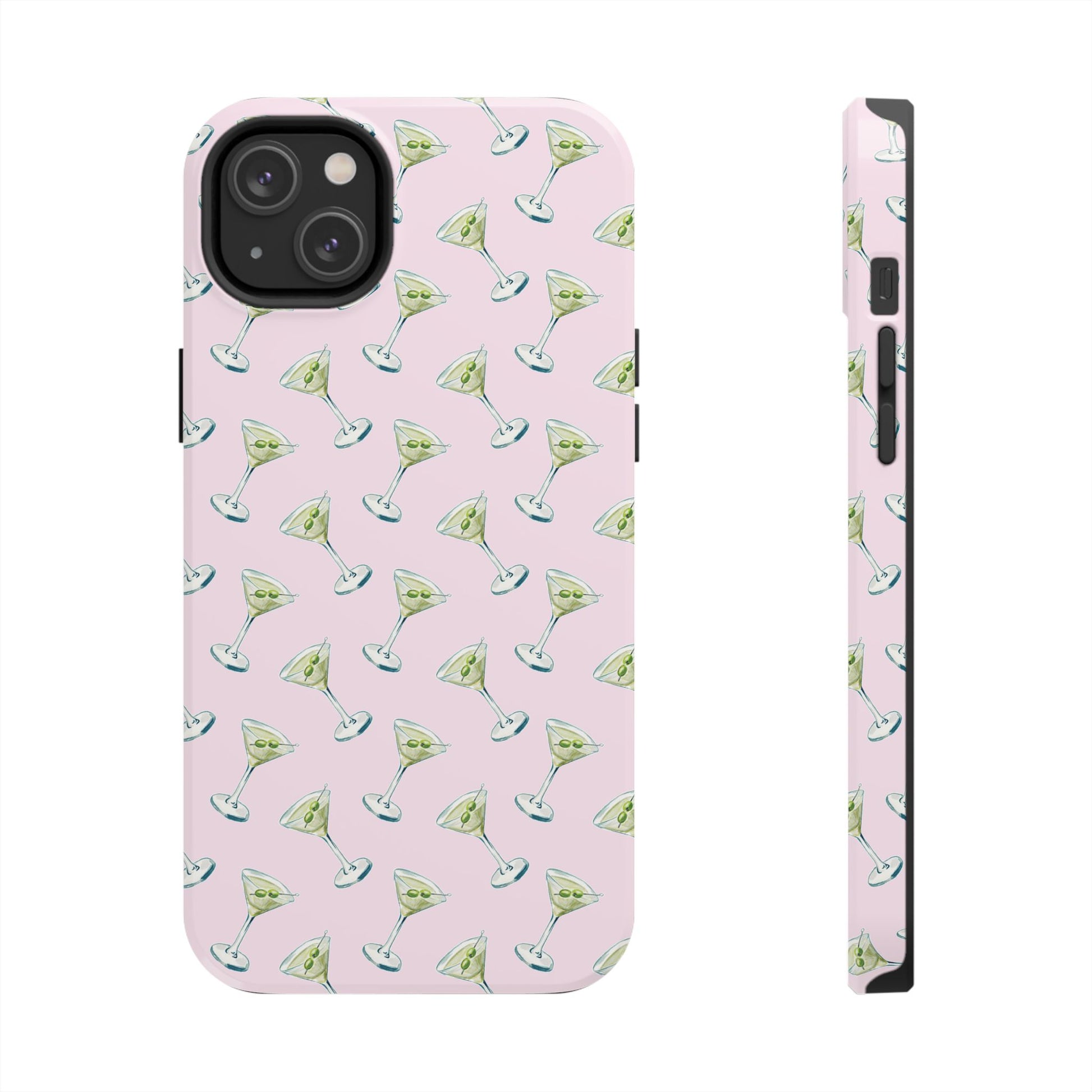 Light Pink Mini Martini Watercolor Illustrated Tossed Pattern Tough Phone Case | Various Models Available iPhone 14 Plus