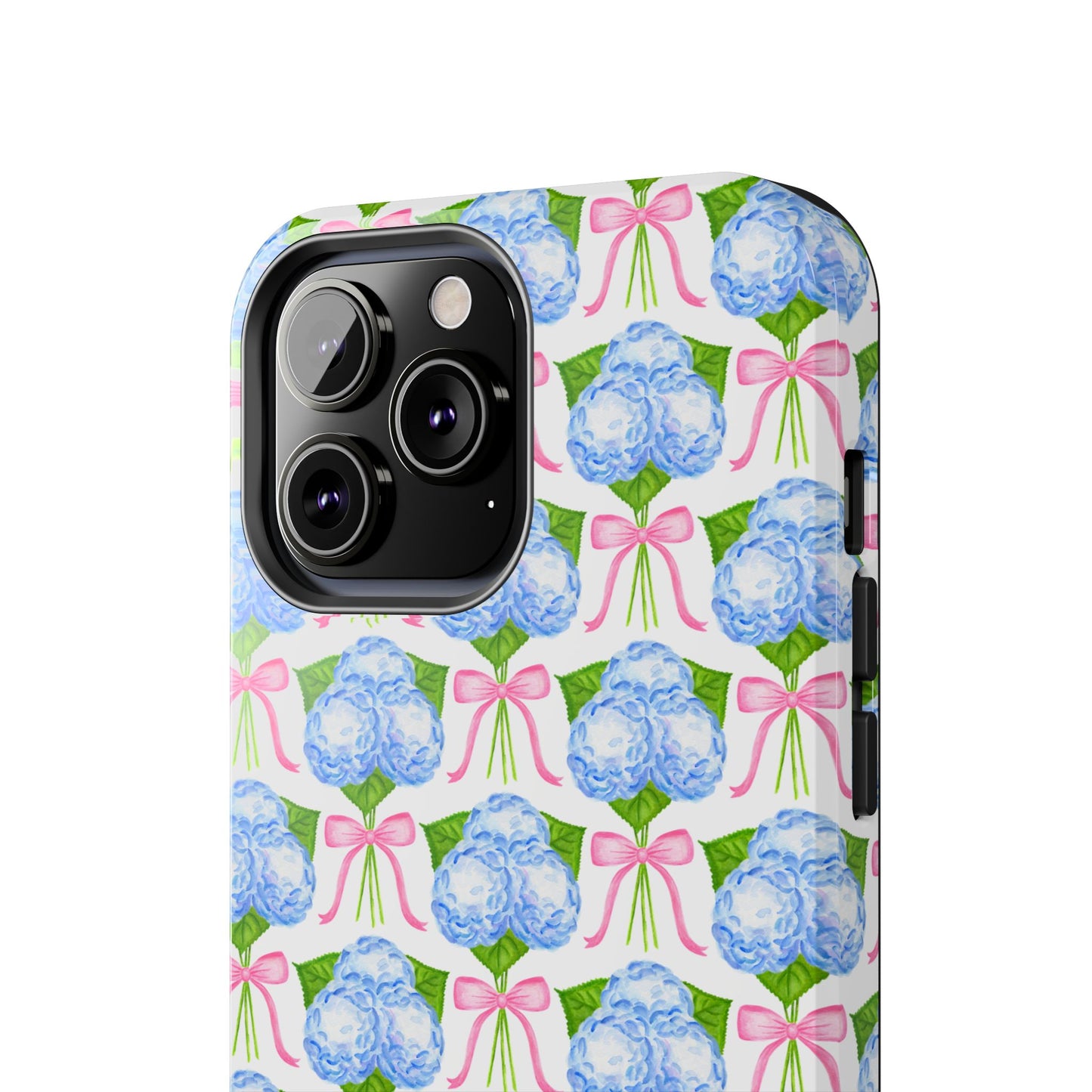 Blue Watercolor Hydrangea Bouqets with Light Pink Bows Watercolor Illustrated Patterned Tough Phone Case | Various Models