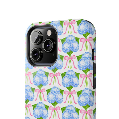 Blue Watercolor Hydrangea Bouqets with Light Pink Bows Watercolor Illustrated Patterned Tough Phone Case | Various Models