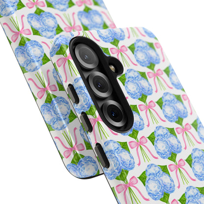 Blue Watercolor Hydrangea Bouqets with Light Pink Bows Watercolor Illustrated Patterned Tough Phone Case | Various Models