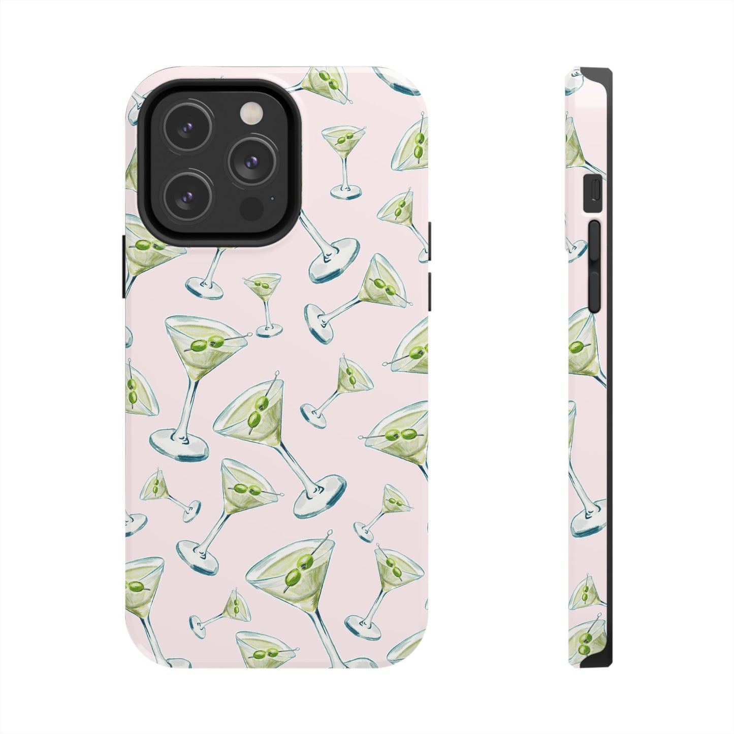 Watercolor Blue and Green Martinis Tossed Illustrated Pattern Blush Pink Tough Phone Case | Various Models