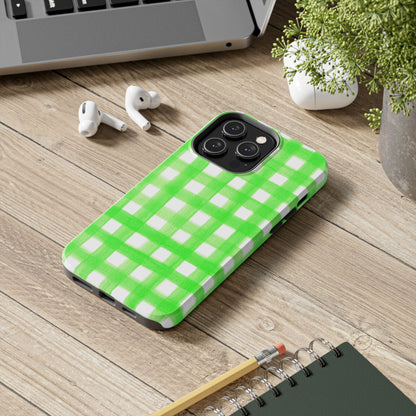 Lime Green Gingham Watercolor Illustrated Tough Phone Case | Various Models Available