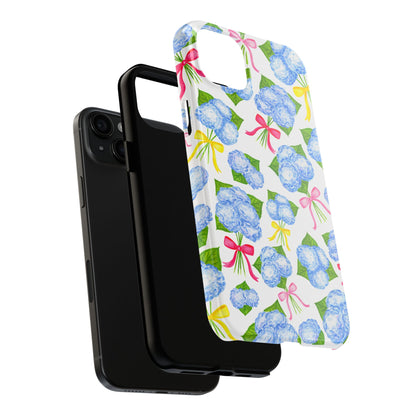 Blue Watercolor Hydrangea Bunches with Hot Pink, Yellow, Light Pink Bows Illustrated Patterned Tough Phone Case | Various Models