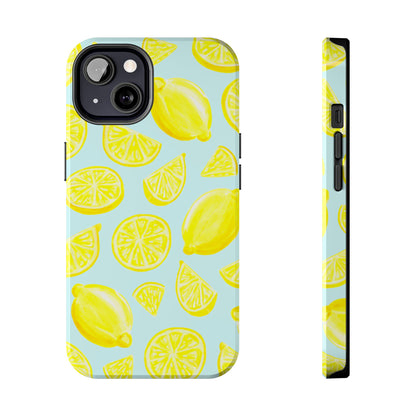 Bright Yellow Lemons Watercolor Illustrated Tossed Pattern Light Blue Tough Phone Case | Various Models