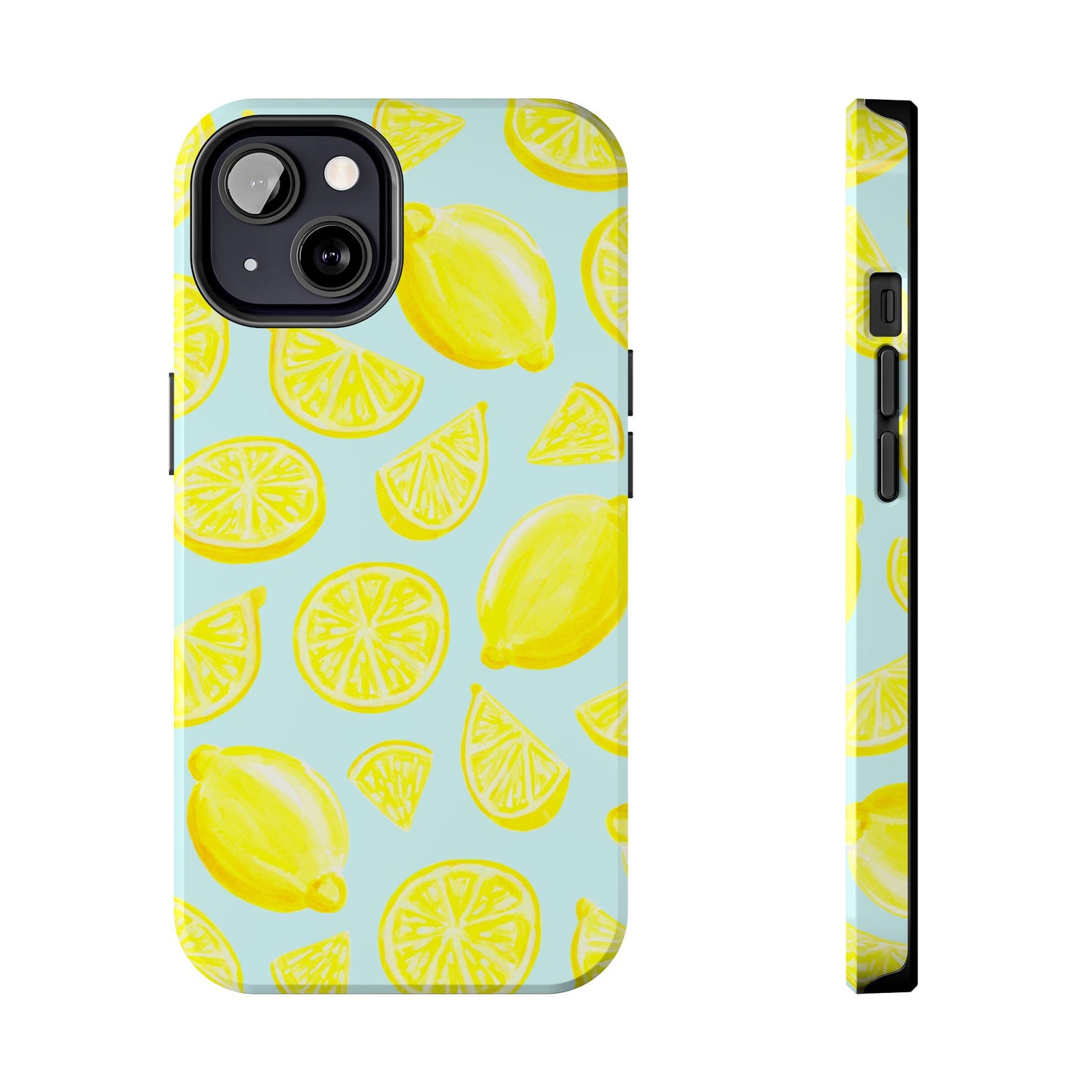 Bright Yellow Lemons Watercolor Illustrated Tossed Pattern Light Blue Tough Phone Case | Various Models