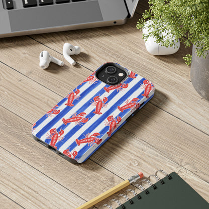 Blue & White Strip Red Lobster Watercolor Patterned Phone Case | Various Models