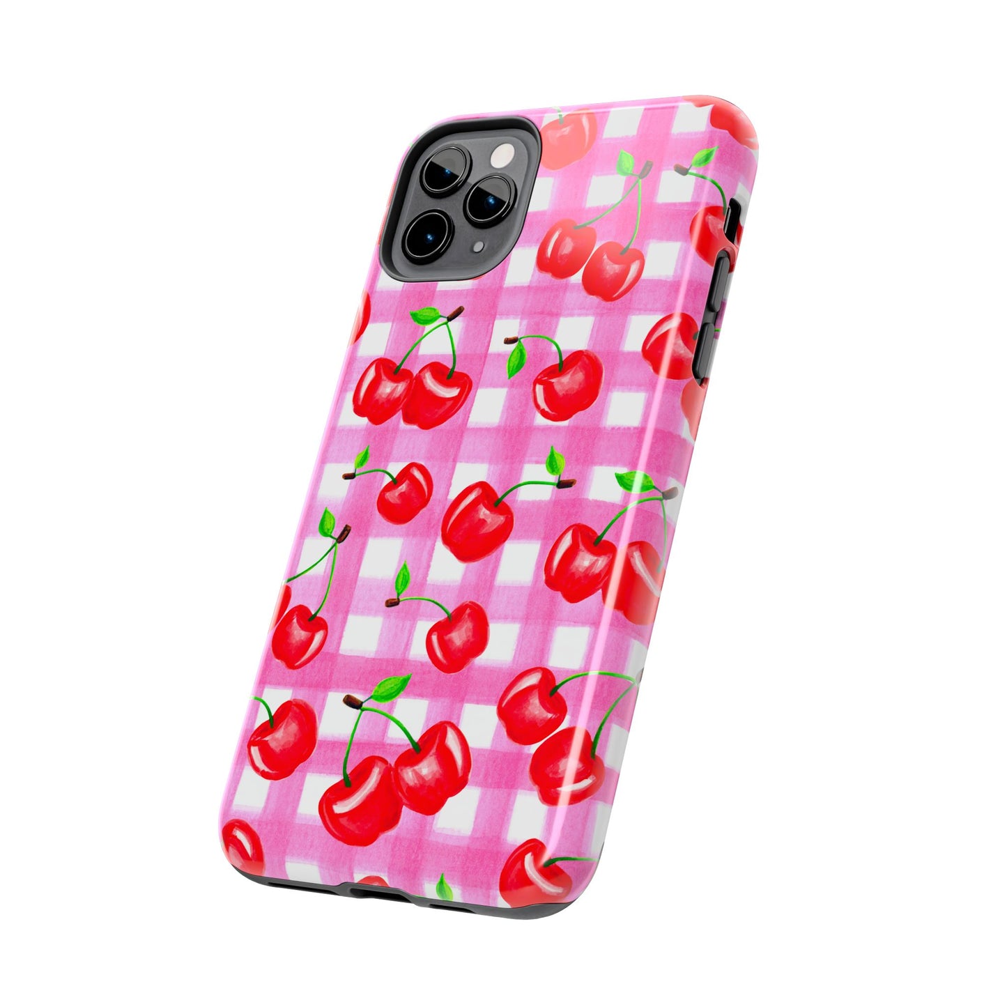 Tossed Red Watercolor Cherries Illustrated Pattern Light Pink Gingham Tough Phone Case | Various Models