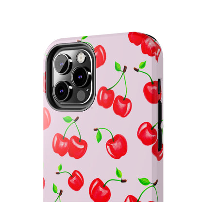 Tossed Red Watercolor Cherries Illustrated Pattern Light Pink Tough Phone Case | Various Models