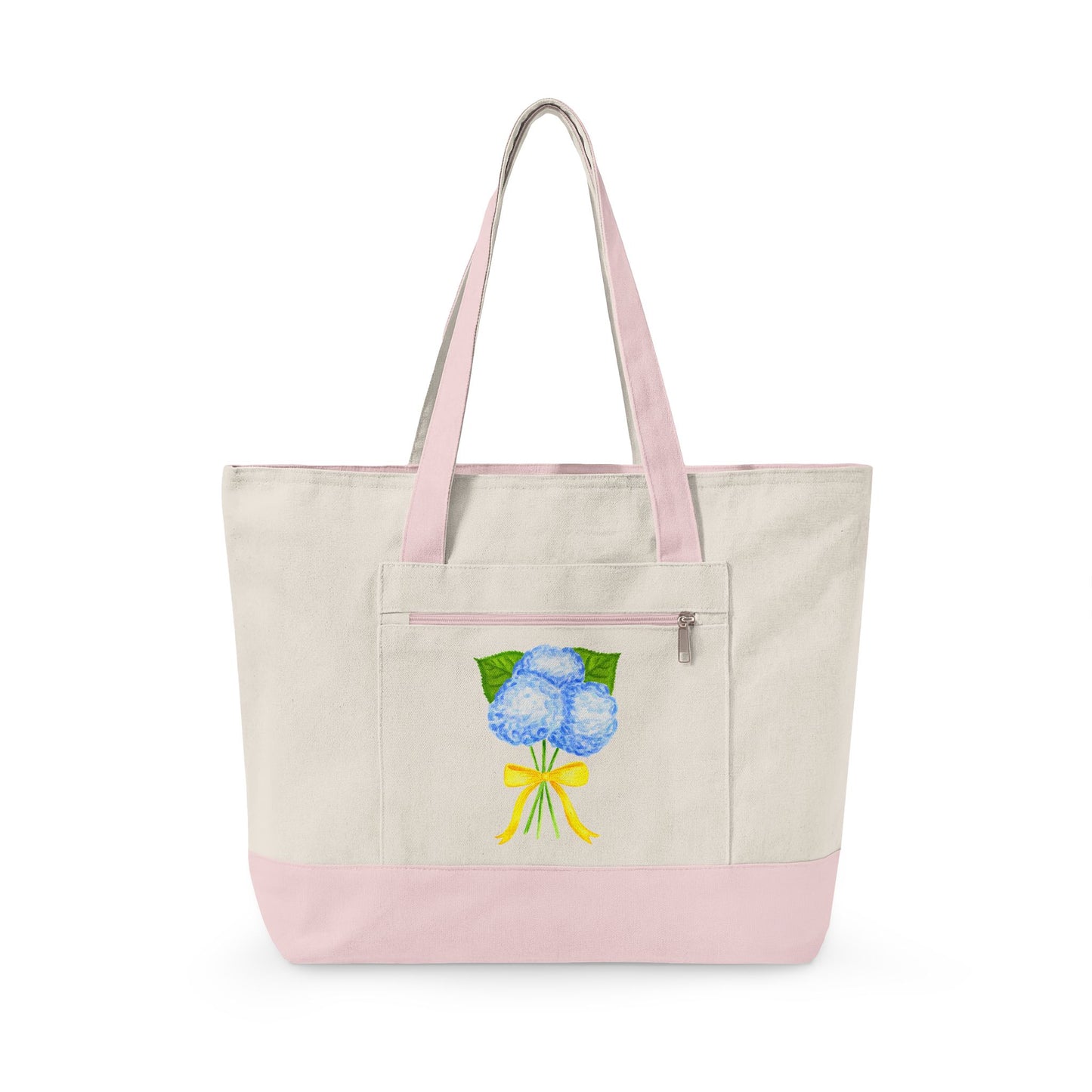 Blue Watercolor Hydrangeas with Yellow Bow Illustration Printed Zippered Canvas Tote 18" x 14" | Various Colors