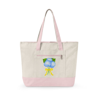 Blue Watercolor Hydrangeas with Yellow Bow Illustration Printed Zippered Canvas Tote 18" x 14" | Various Colors