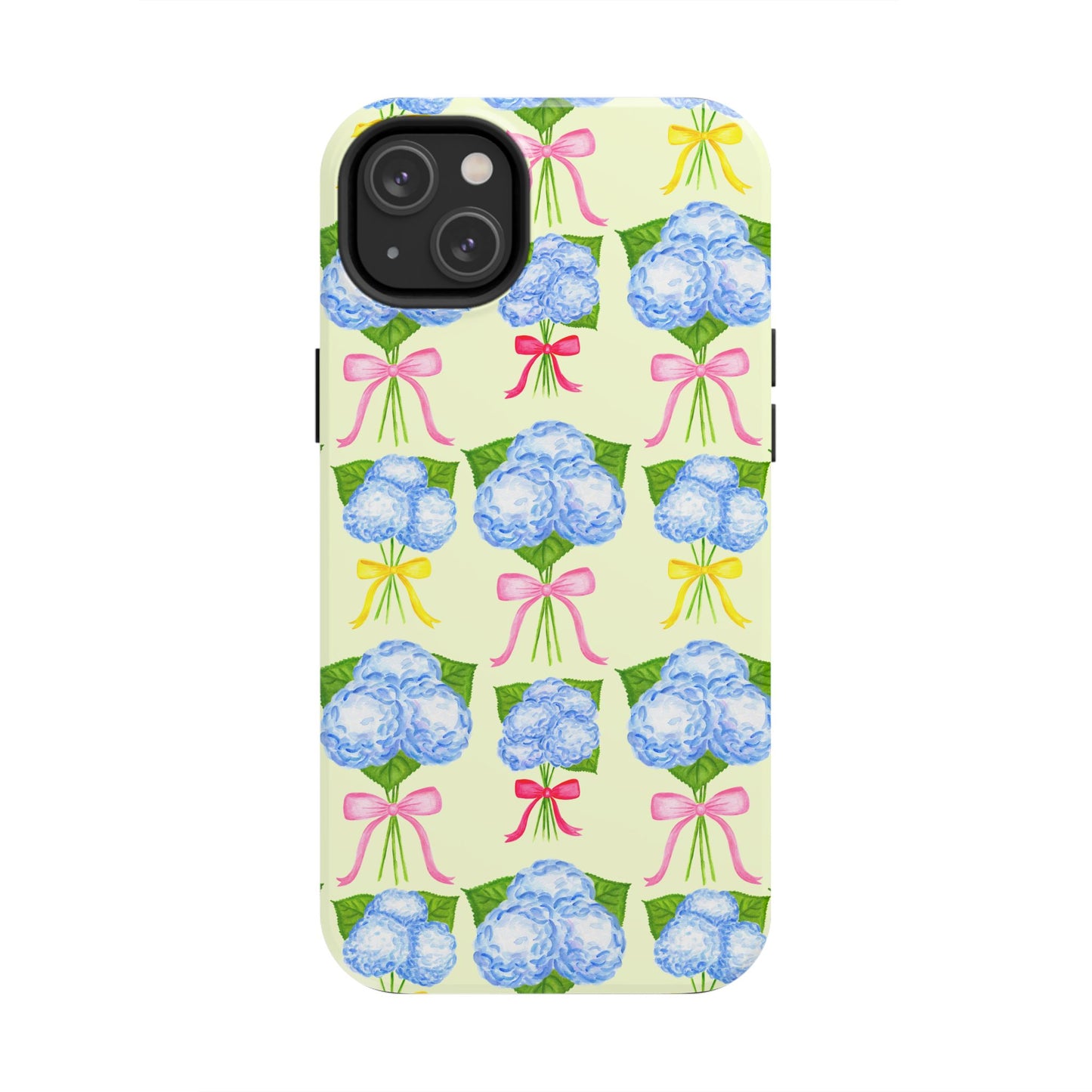 Blue Hydrangeas with Hot Pink, Yellow, Light Pink Bows Watercolor Illustrated Patterned Light Yellow Tough Phone Case | Various Models