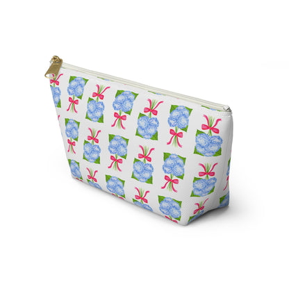 Blue Hydrangea Bouquets with Hot Pink Bows Watercolor Illustrated Printed Accessory Pouch T-Bottom | Large or Small