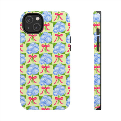 Blue Watercolor Hydrangea Bouquets with Hot Pink Bows Illustrated Patterned Yellow Preppy Grand Millenial Tough Phone Case | Various Models