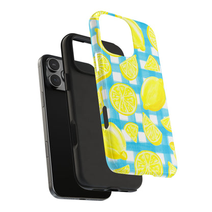 Yellow Lemons & Turquoise Gingham Watercolor Illustrated Tough Phone Case | Various Models Available