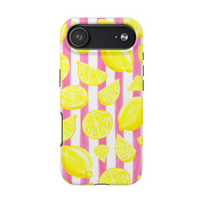 Pink Lemonade Yellow Lemons with Pink & White Watercolor Stripes Tough Phone Case