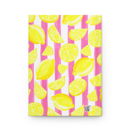 Yellow Lemons Watercolor Illustrated Light Pink Stripes Hardcover Journal Matte 8"x5.75"