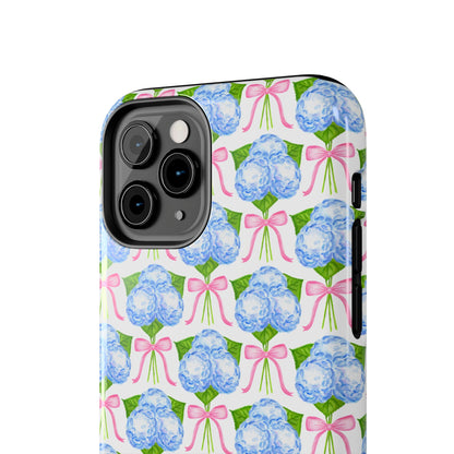 Blue Watercolor Hydrangea Bouqets with Light Pink Bows Watercolor Illustrated Patterned Tough Phone Case | Various Models
