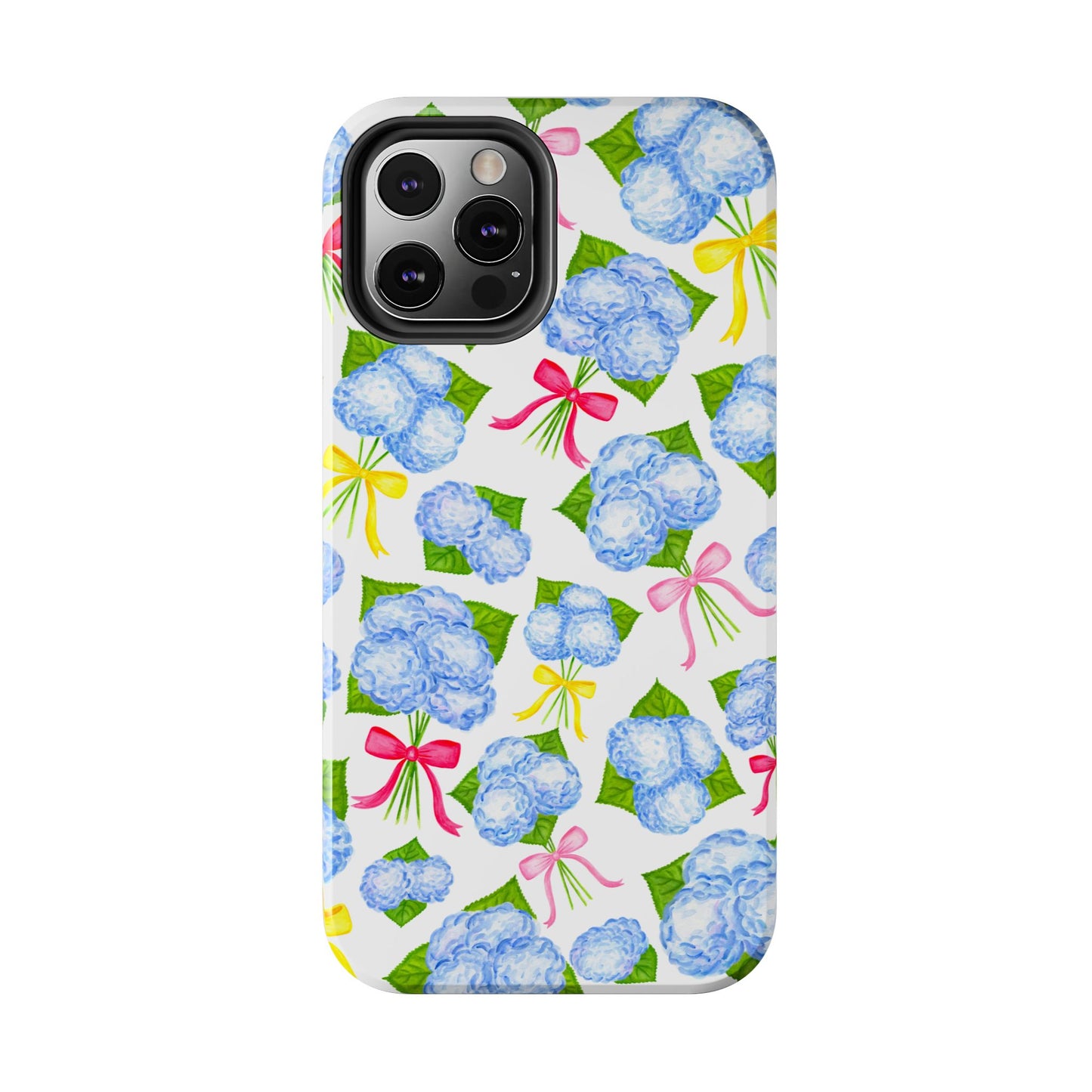Blue Watercolor Hydrangea Bunches with Hot Pink, Yellow, Light Pink Bows Illustrated Patterned Tough Phone Case | Various Models