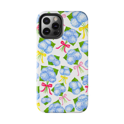 Blue Watercolor Hydrangea Bunches with Hot Pink, Yellow, Light Pink Bows Illustrated Patterned Tough Phone Case | Various Models