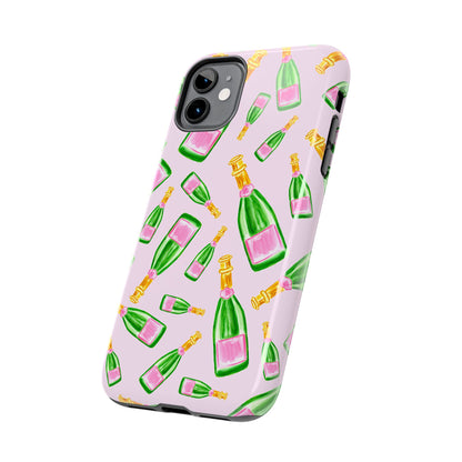 Tossed Pink and Green Watercolor Illustrated Champagne Bottles Pattern Blush Pink Tough Phone Case | Various Models