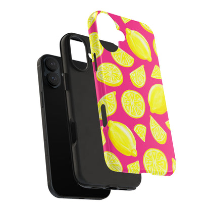 Bright Yellow Lemons Watercolor Illustrated Tossed Pattern Watermelon Pink Tough Phone Case | Various Models