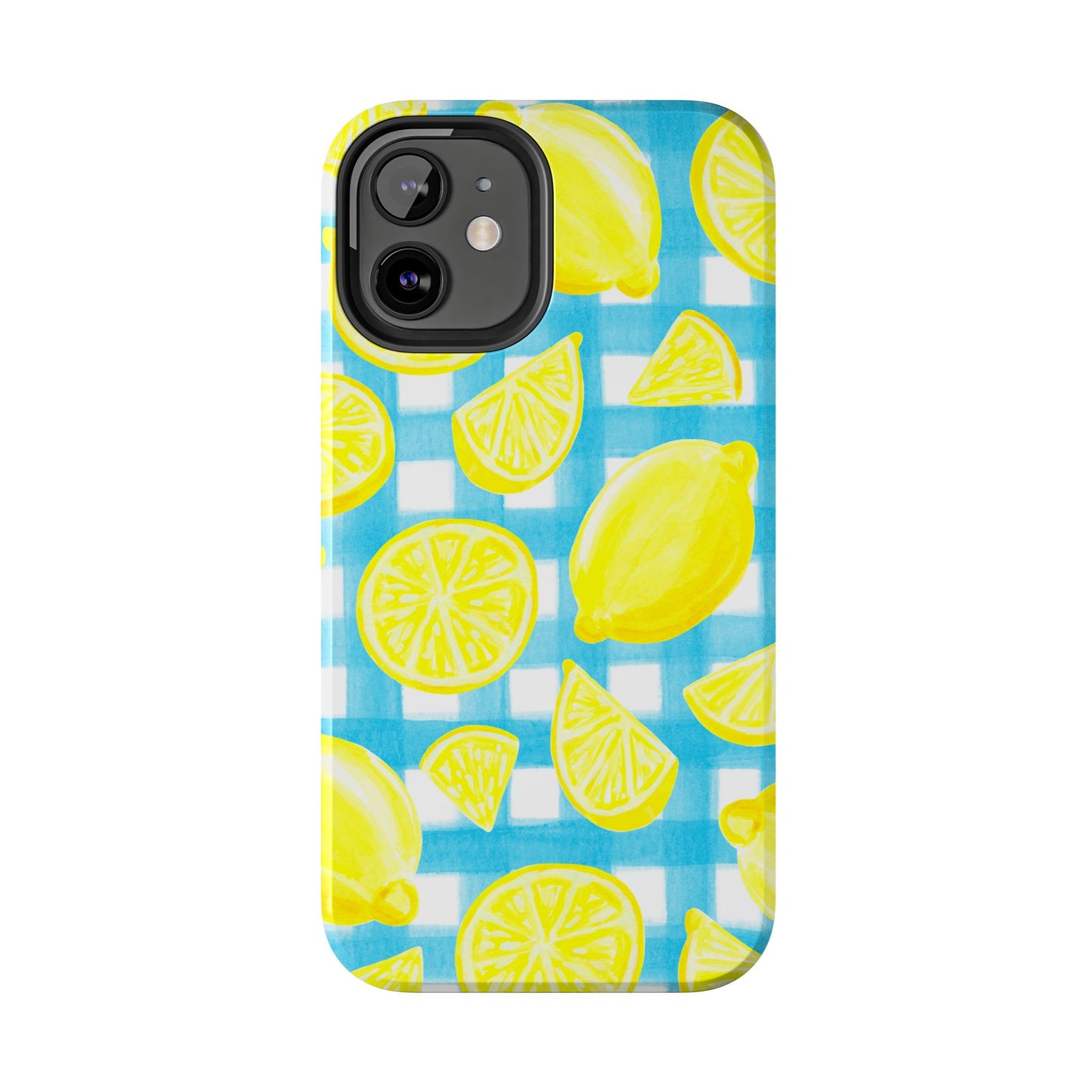 Yellow Lemons & Turquoise Gingham Watercolor Illustrated Tough Phone Case | Various Models Available