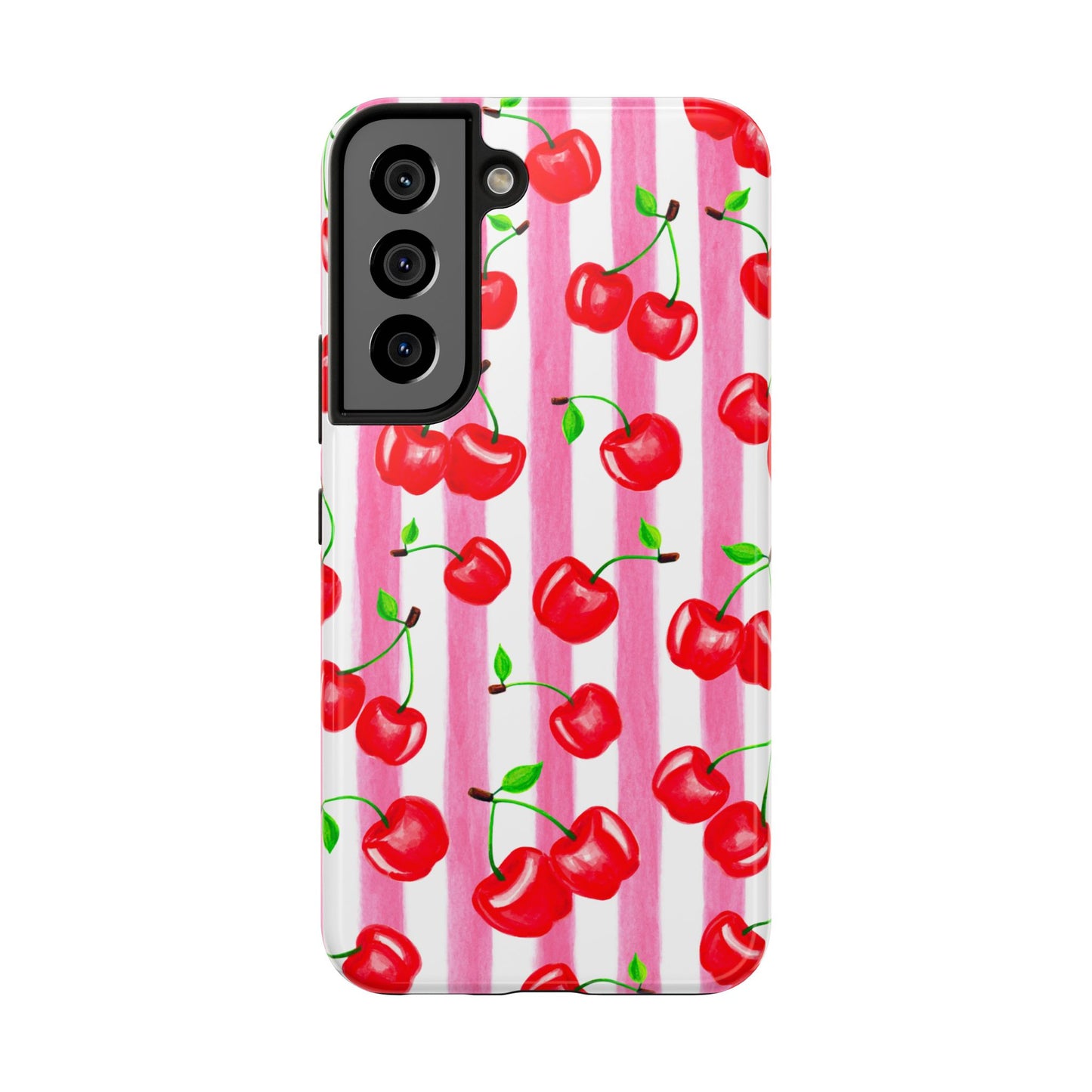 Tossed Red Watercolor Cherries Illustrated Pattern Light Pink Stripes Tough Phone Case | Various Models