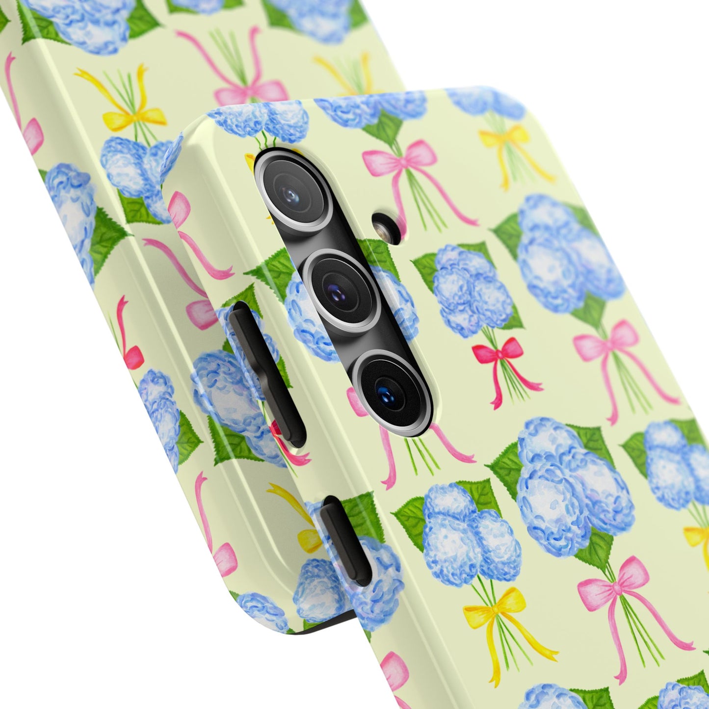 Blue Hydrangeas with Hot Pink, Yellow, Light Pink Bows Watercolor Illustrated Patterned Light Yellow Tough Phone Case | Various Models