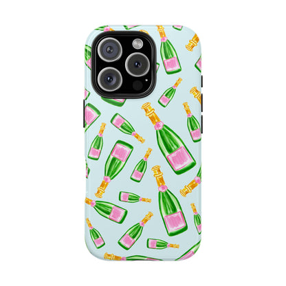 Tossed Pink and Green Watercolor Illustrated Champagne Bottles Pattern Light Blue Tough Phone Case | Various Models