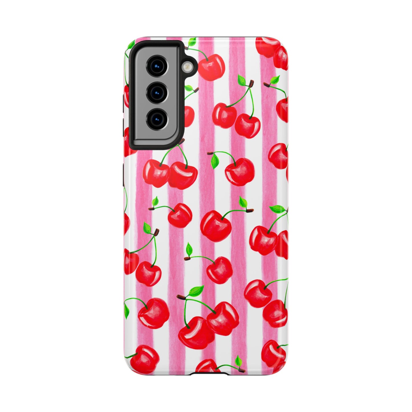 Tossed Red Watercolor Cherries Illustrated Pattern Light Pink Stripes Tough Phone Case | Various Models
