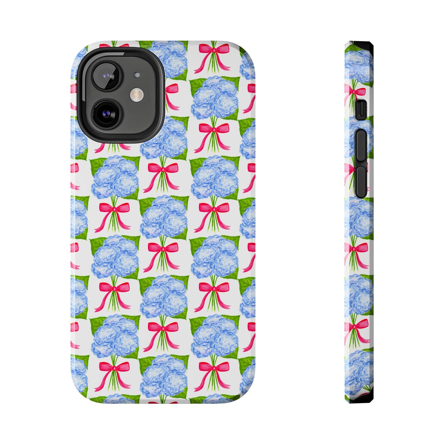 Blue Watercolor Hydrangea Bouquets with Hot Pink Bows Illustrated Patterned Tough Phone Case | Various Models